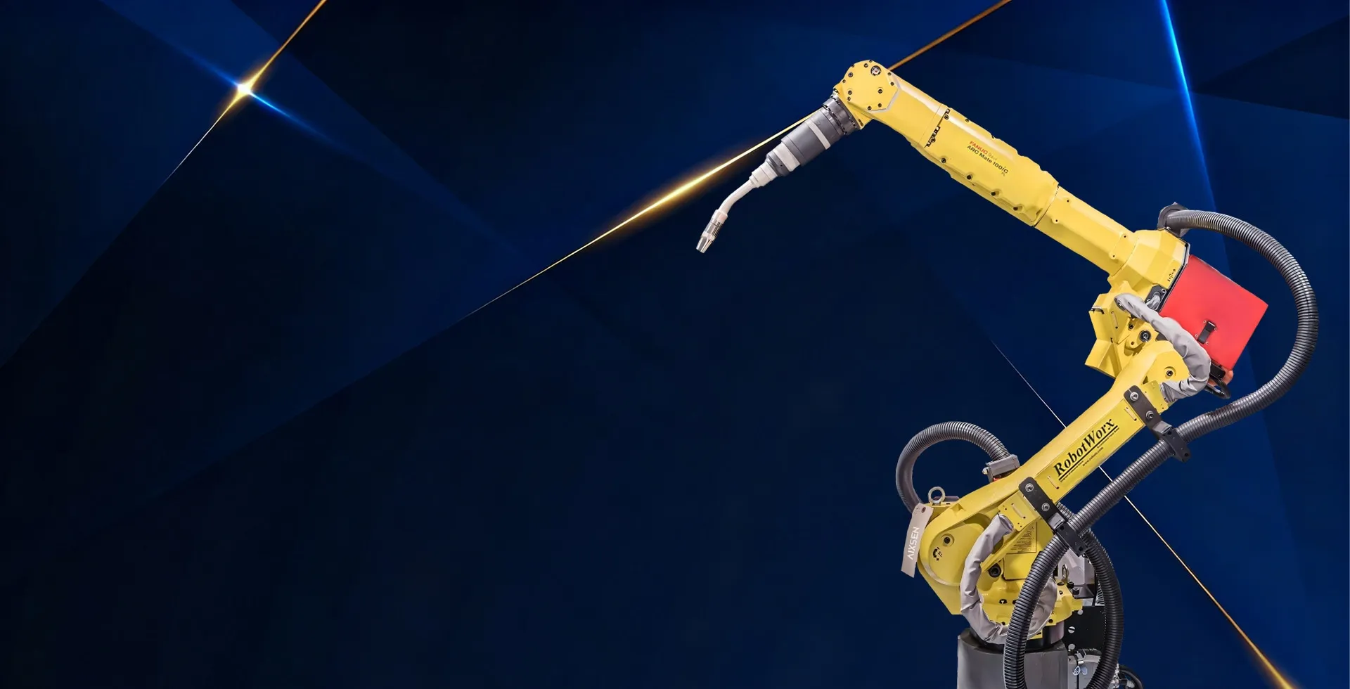 Industrial robotic automation solution featuring a welding robot in a smart factory environment.